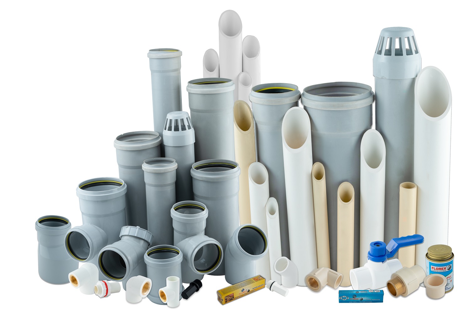 A wide assortment of PVC pipes and fittings