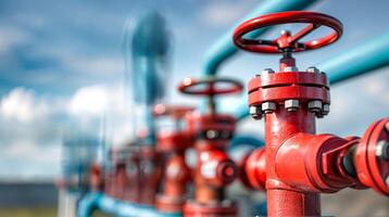 Red industrial pipeline valves outdoors